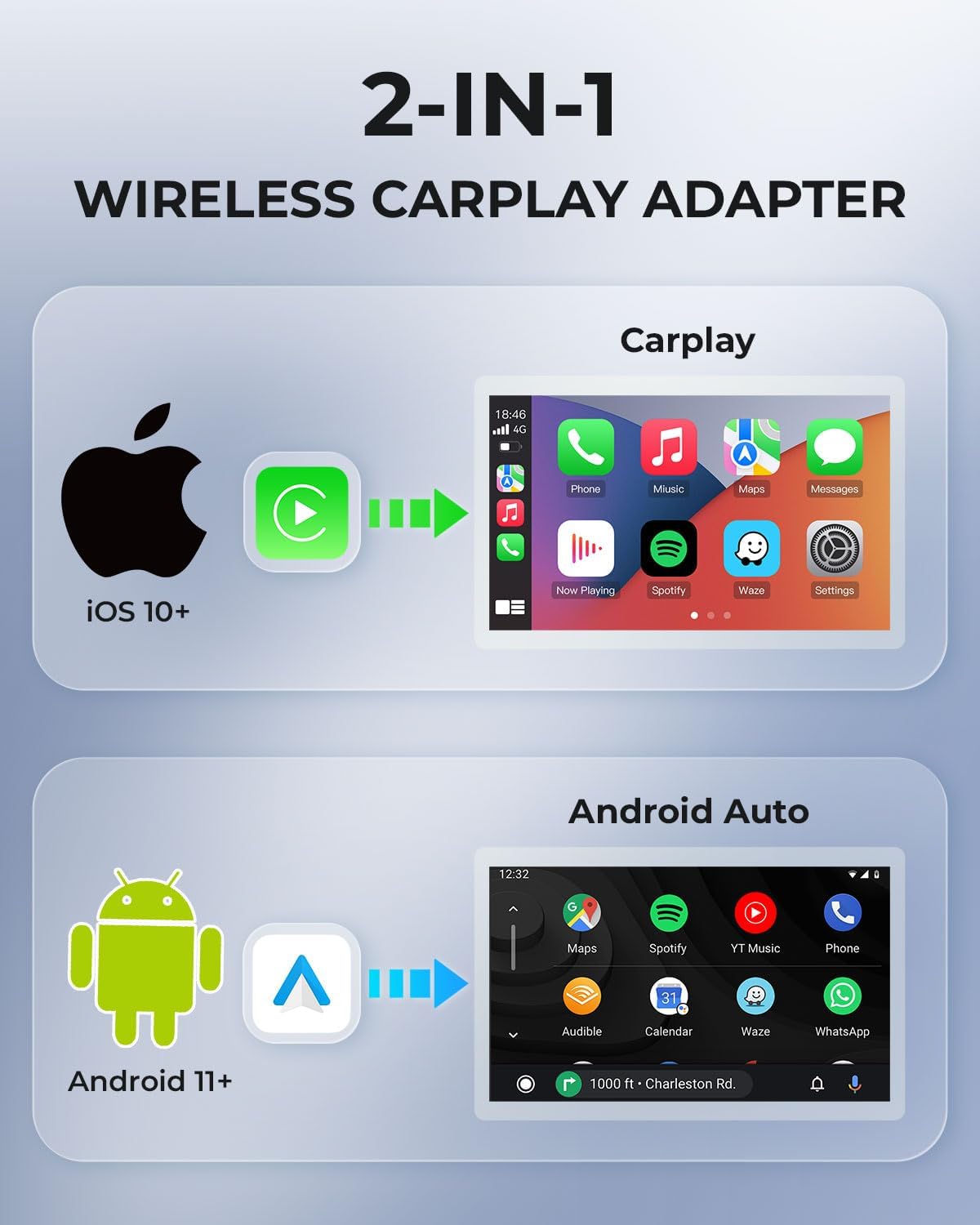 AuroraLink Wireless Carplay Adapter & Android Auto Wireless Adapter 2-in-1 Fast & Stable Carplay Wireless Adapter Convert Wired to Wireless Car Play Adapter for iOS 10+/Android 11+ (Dark Purple)