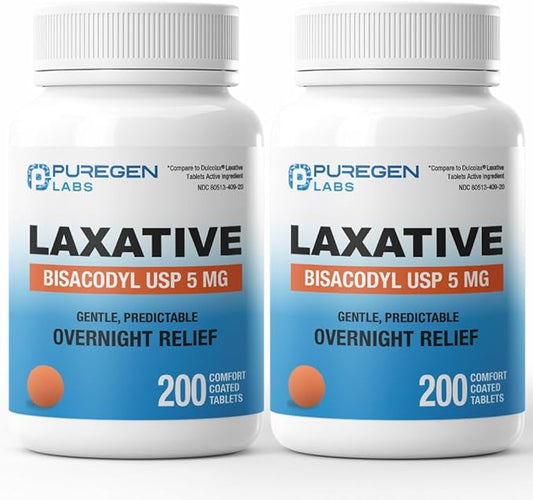 Puregen Labs Bisacodyl 5mg Tablet | Total 400 Count | Stimulant Laxative, Gentle and Fast Overnight Relief for Constipation