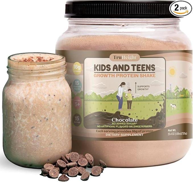 TruHeight Growth Protein Shake (Chocolate Milk Flavor, Whey) Natural Growth & Development Protein Powder for Kids & Teens - Weight Gain Drinks - Endorsed by Pediatricians, Picky Eater Vitamin, Ages 4+