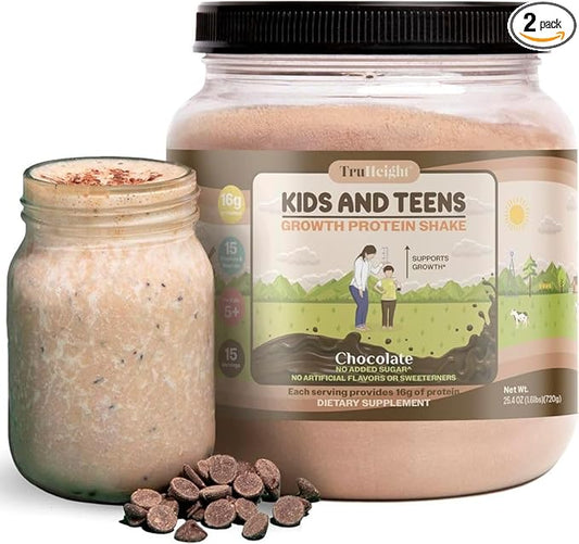 TruHeight Growth Protein Shake (Chocolate Milk Flavor, Whey) Natural Growth & Development Protein Powder for Kids & Teens - Weight Gain Drinks - Endorsed by Pediatricians, Picky Eater Vitamin, Ages 4+
