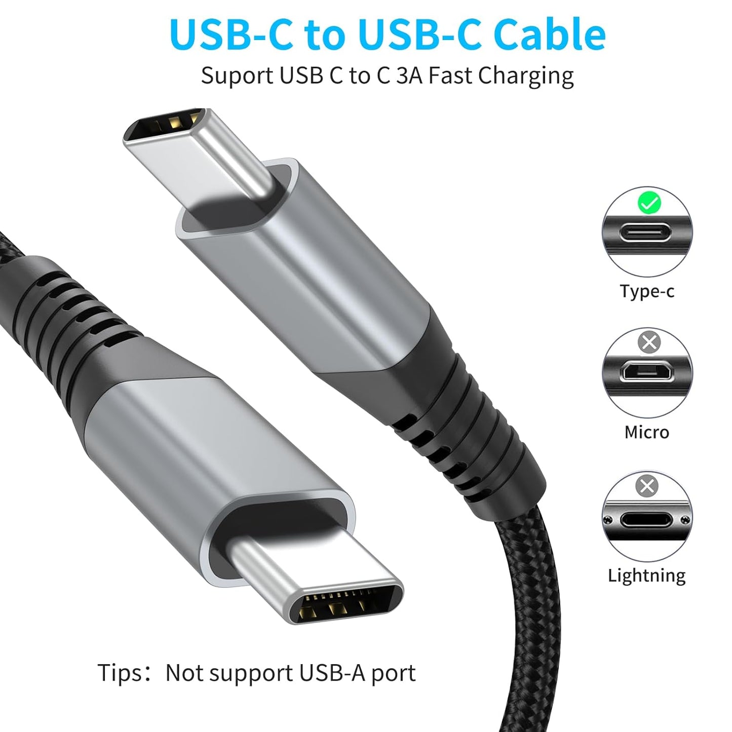 6 inch Braided USB C to C Charger Cable - 3-Pack, 0.5ft, PD Fast Charging, 60W for Samsung Galaxy S23/S23 Ultra, Moto G8, Google Pixel, iPhone 15/16 Pro Max