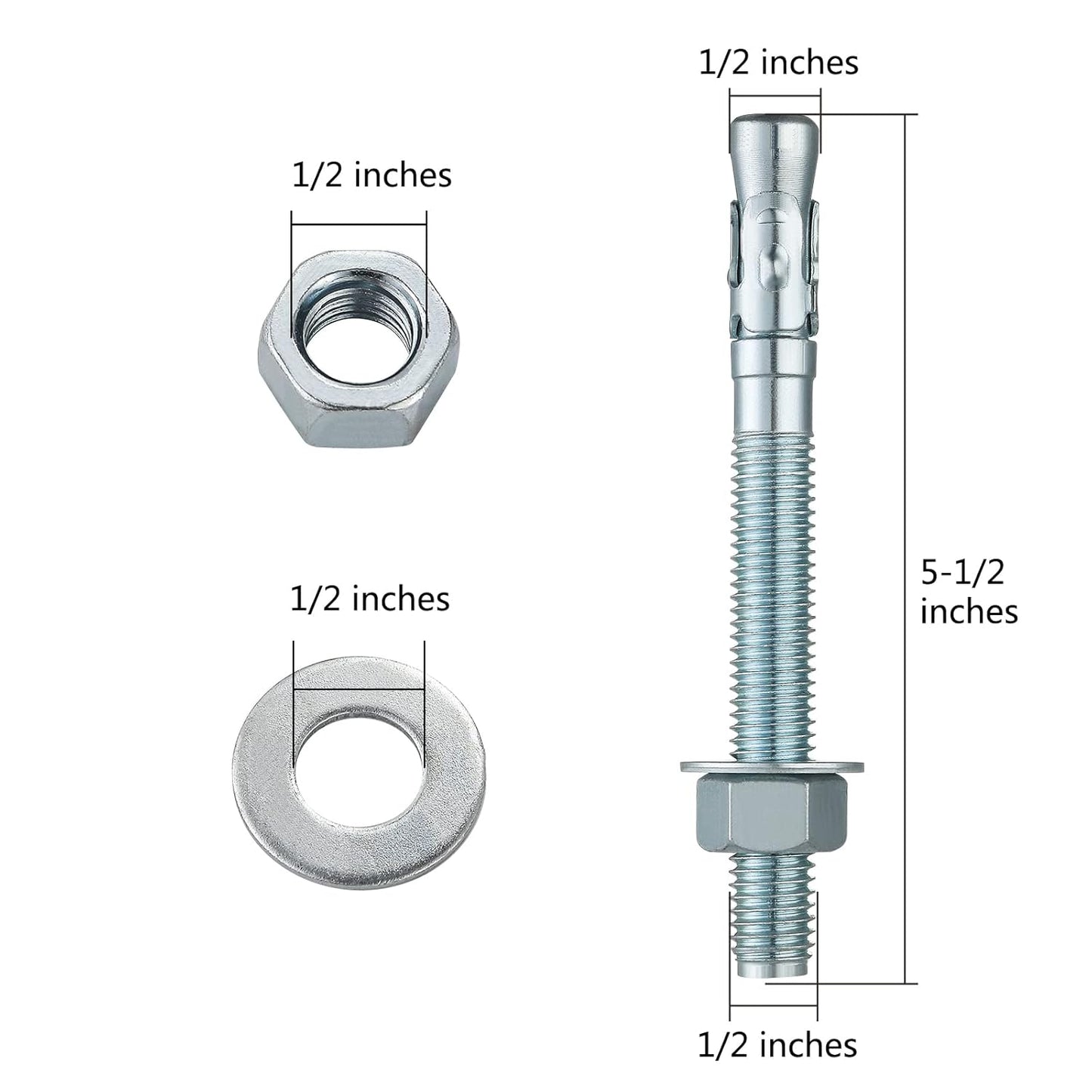 1/2x5-1/2" 50Pcs Inch Standard Fasteners for Heavy-Duty Zinc Wedge Anchors for Cement and Concrete