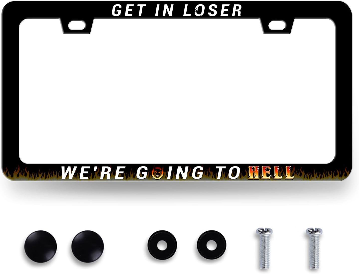 Get in Loser We're Going to Hell License Plate Frame Jesus License Plate Frames for Personalized Car Decorative Stainless Steel Funny License Plate Holder Christian Auto Part 12.2" x 6.2"