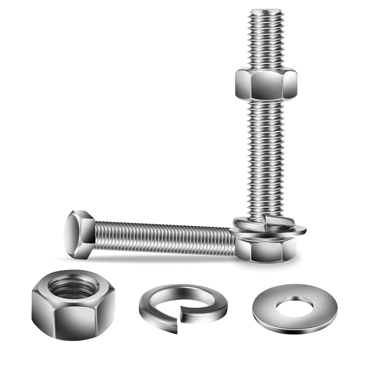 3/8-16 x 5" Hex Head Screw Bolt, Nuts, Flat & Lock Washers, 20Pcs 18-8 (304) Stainless Steel, Fully Threaded, by SG TZH