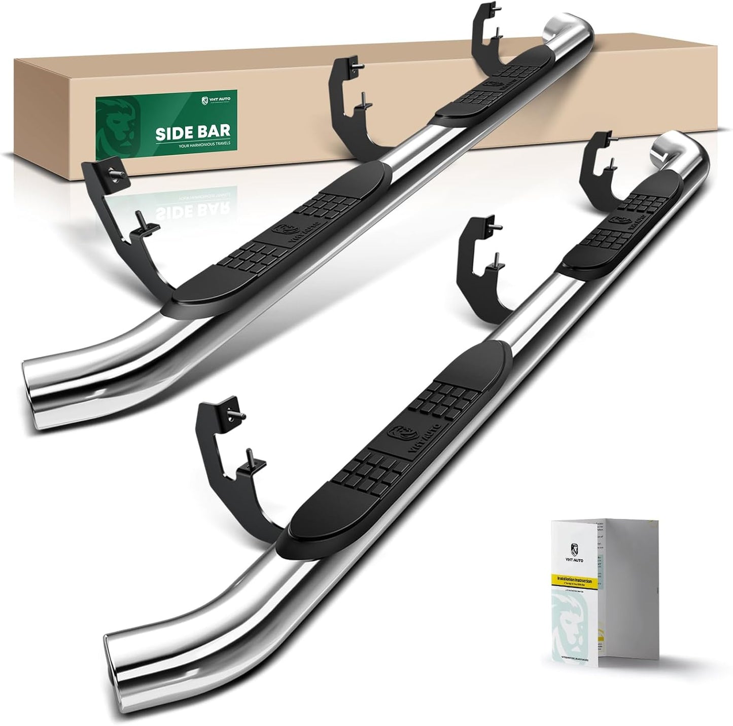 YHTAUTO 3 Inch Running Boards Side Steps Fit 2007-2019 Chevy Silverado & GMC Sierra 1500/2500 HD/3500 HD, Crew Cab, Round Bent Ends Stainless Steel Polished Chrome, Truck Cab Side Step Rails