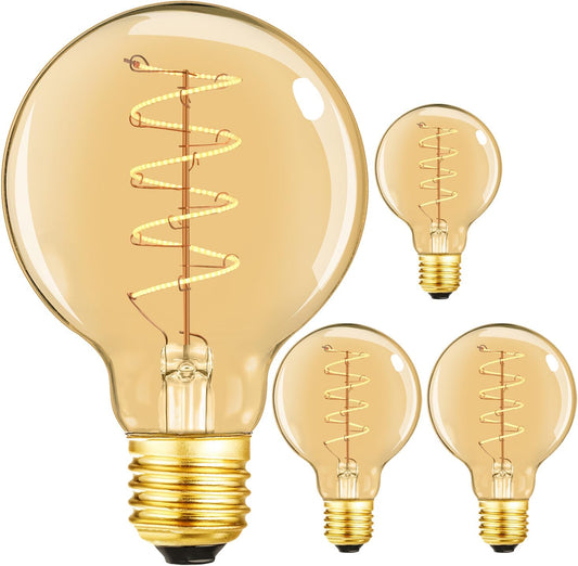 Leools Vintage LED Spiral Filament Bulb G25/G80 Dimmable Flick-Free 6W CRI95 LED Edison Globe Light Bulb E26 Base,Amber Glass,Warm White,2200K, 400LM(40W Equivalent), Pack of 4
