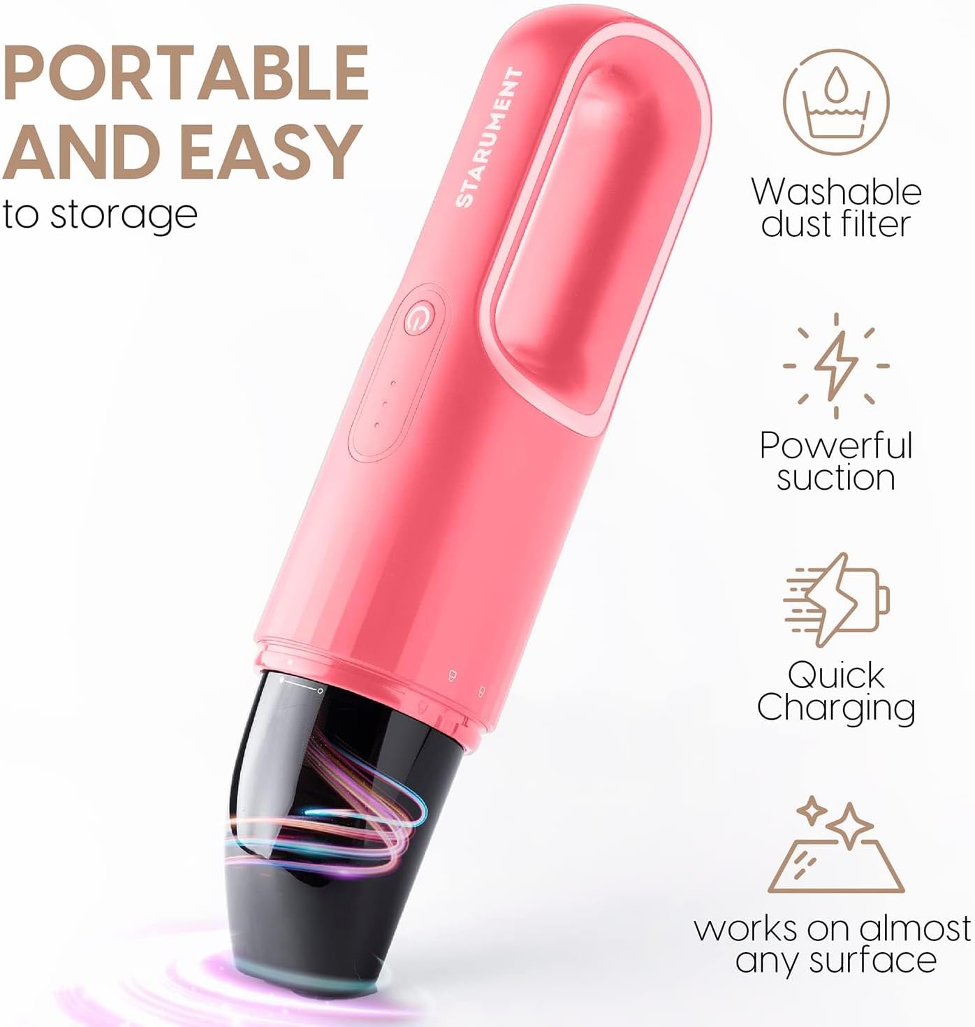 STARUMENT Handheld Vacuum Cleaner - Cordless Vacuum Cleaner for Cleaning Dust, Dirt, Pet Hair Suction - Compact, Rechargeable & Wireless Device for Home, Office, Car - USB-C Cable, Crevice Suction