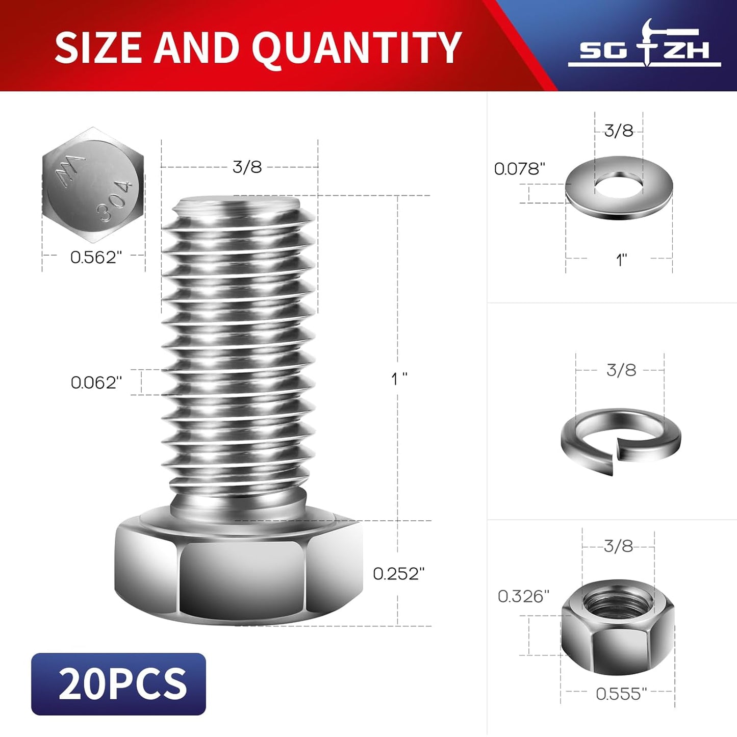 3/8-16 x 1" Hex Head Screw Bolt, Nuts, Flat & Lock Washers, 20Pcs 18-8 (304) Stainless Steel, Fully Threaded, by SG TZH