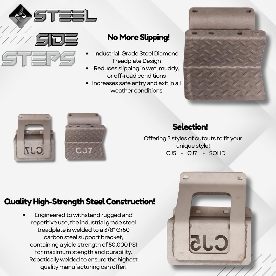 CJ5 Side Steps Compatible with Jeep © CJ Vehicles (Pair) - Solid Steel Construction - Metal Diamond Treadplate Traction Design - Universal Fitment on Classic CJ-5 (CJ5 Cutout)