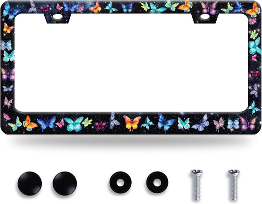 Beautiful Butterfly License Plate Frame Watercolor License Plate Stainless Steel Colorful License Plate Holder Car Accessory with Screws Car Decoration 12.3" x 6.3" Fits Standard Vehicles Size
