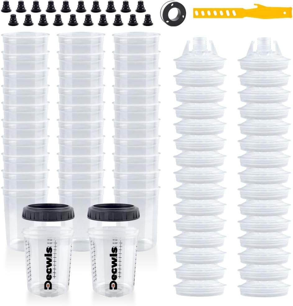 Disposable Paint Cups 6 Ounce(165ml), Mini Paint Mixing Cups with Lid and 30 Pack Paint Cup for Automotive Spray Gun, 125-Micron Filter, 2 Hard Cup with Retainer Ring, 20 Plugs, 1 Stirrer, 1 Seal Tape