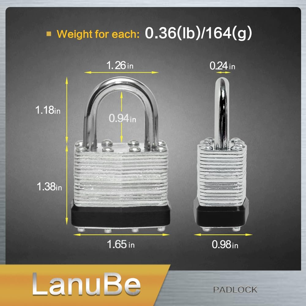 LanuBe Lock Laminated keyed Padlock (1-9/16", 40mm), keyed Alike Locks, Normal Shackle,Marked Black Plastic Hoop, Pack of 24