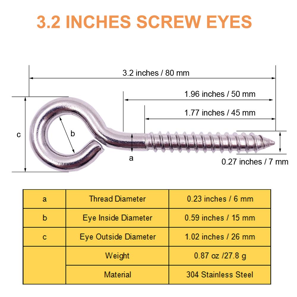 6-Pack 304 Stainless Steel Screw Eyes 3.2", Heavy Duty Screw in Eye Hooks Ring for Yoga, Swing Chair, Indoor & Outdoor, Self Tapping