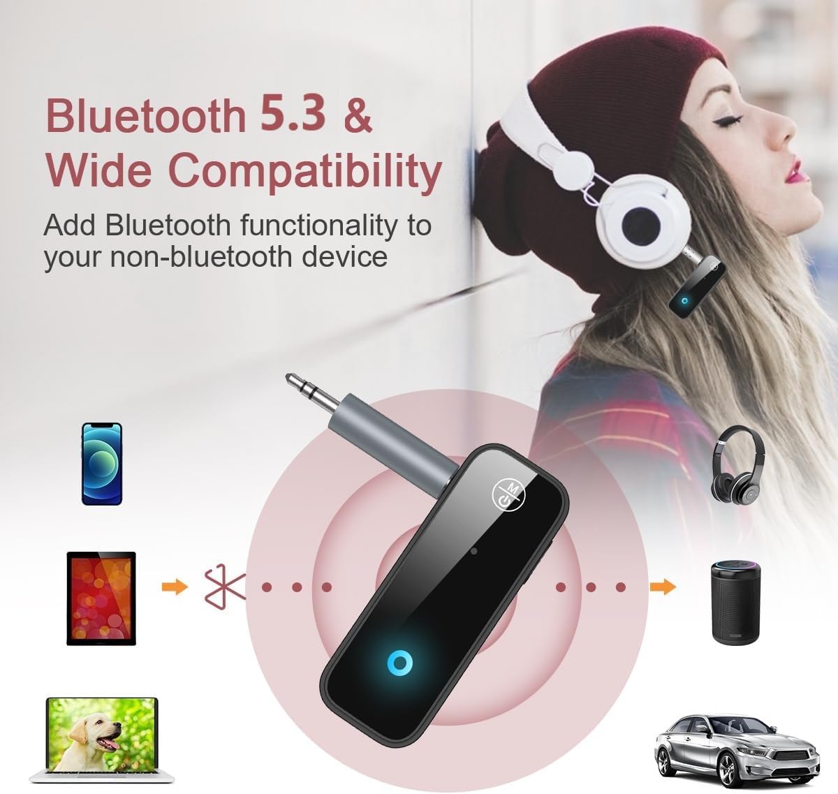 LOFICOPER Bluetooth AUX Adapter for Car, Bluetooth 5.3 Transmitter Receiver, 3.5mm Wireless Audio Receiver with Hands-Free Call, for Car, Home Stereo, Wired Headphones, Speaker, 2 Pack