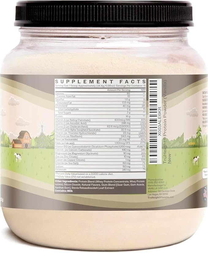 TruHeight Growth Protein Shake (Vanilla Ice Cream Flavor, Whey) Growth & Development Protein Powder for Kids & Teens - Weight Gain Drinks - Endorsed by Pediatricians, Picky Eater Vitamin, Ages 4+