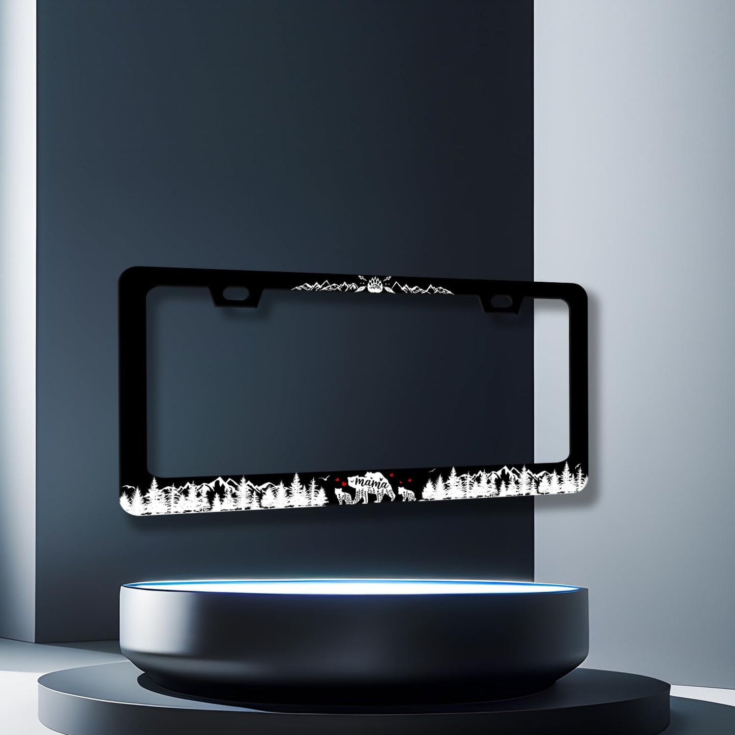 Mama Bear with Mountain License Plate Frame Forest Mountains License Plate Stainless Steel Funny Black Accessories Cars Decor 12.2 X 6.2 Inch with 2 Holes and Screws Fits Standard Us Ca Vehicles