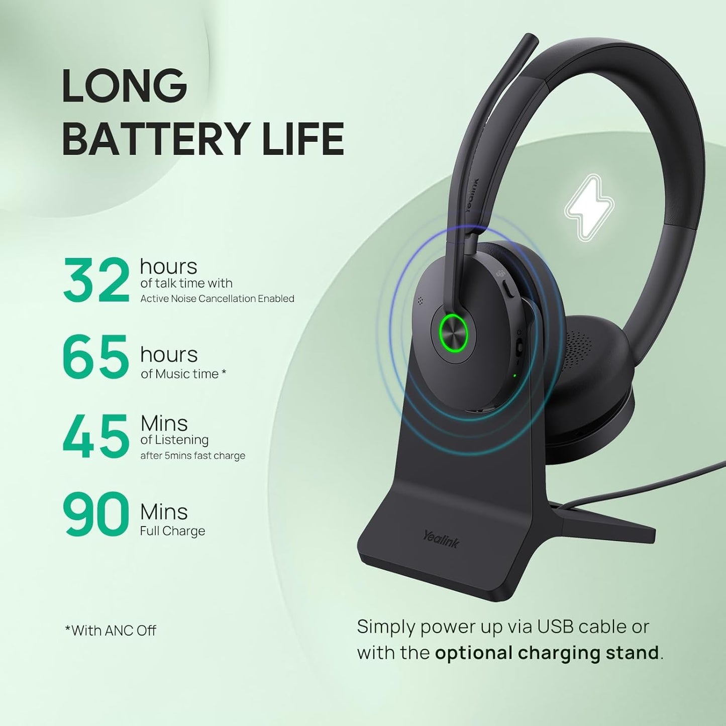 Yealink BH74 with Stand ANC Wireless Bluetooth Headset with Mic for Work, 6-mics Hybrid ANC Tech, Microsoft Teams Premium Open Ofﬁce Certified Headsets, up to 32h Talking Battery Life, Zoom Certified