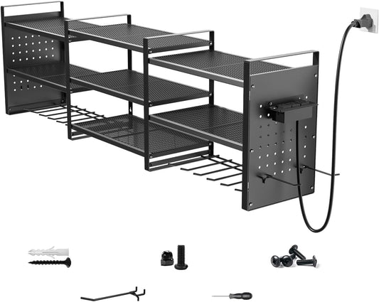 Heavy-Duty 48" Wall Mount Power Tool Organizer with Charging Station – 3-Tier Garage Organization Rack for Drills, Wrenches & Tools – Includes 16 Hooks & Pegboard Sides