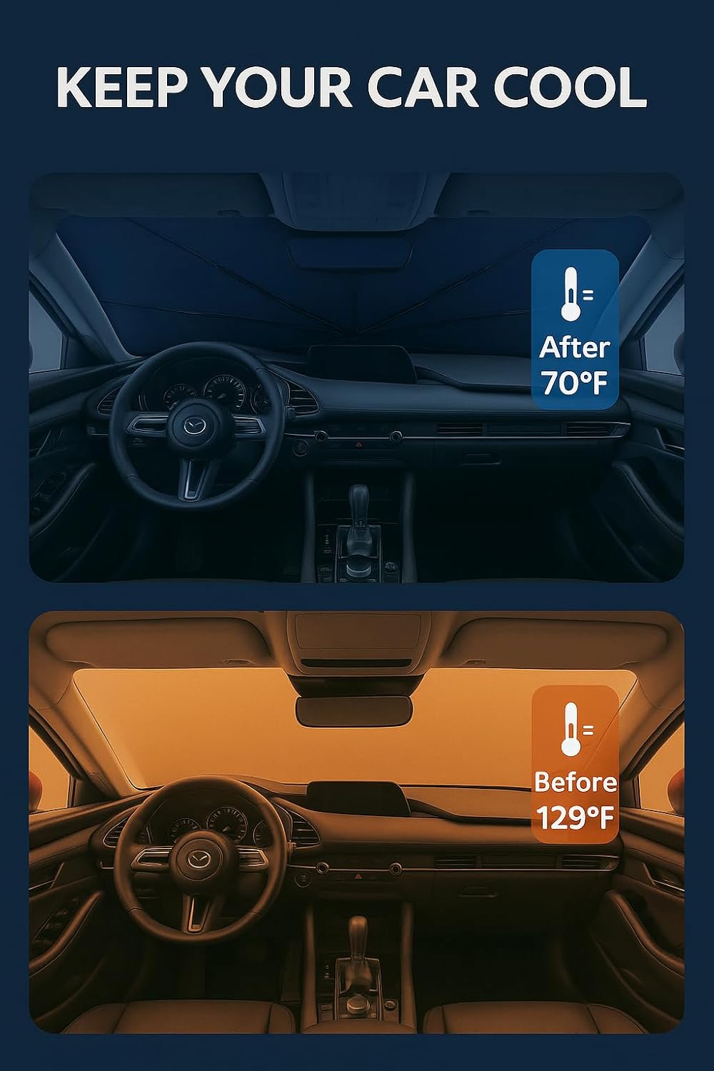 Proadsy Windshield Sun Shade Umbrella for Mazda CX-30 2020-2025 2026 Foldable Car Umbrella Sunshade with Soft TPU Handle Spring Structure Crystal Cooling Material Protect Car from Rays & Heat