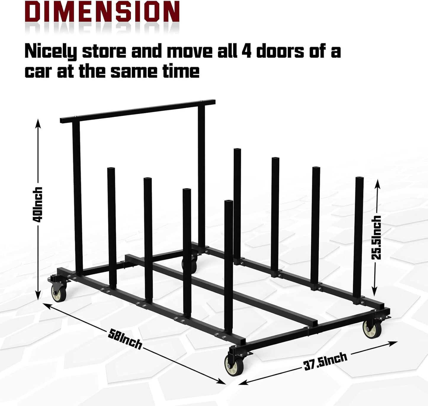 Vehicle Door Storage Cart, 4 Door Storage Rack with Dedicated Area for Each Door Maximize Space Utilization 4 Inch Swivel Caster Allow Floor Mobile Vehicle Door Storage Cart Smooth Maneuverability