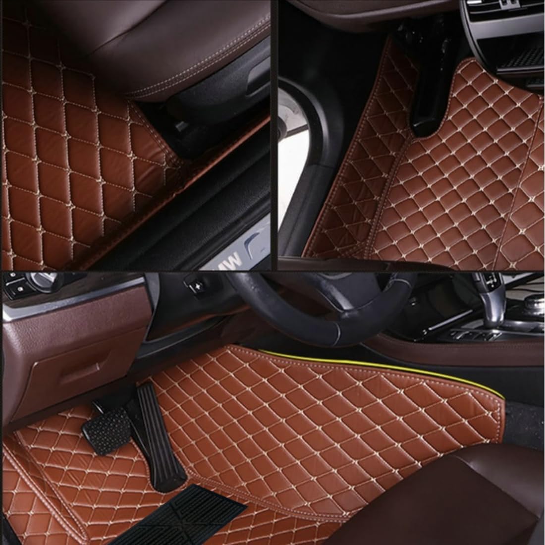 Custom Personalized Floor Mats for Cars，Luxury Full Coverage All Car Floor Mats，Anti-Slip Leather Car Mat Set ，Custom Floor Mats for 99% of Cars, Trucks & SUVs. (Light Brown and Black)