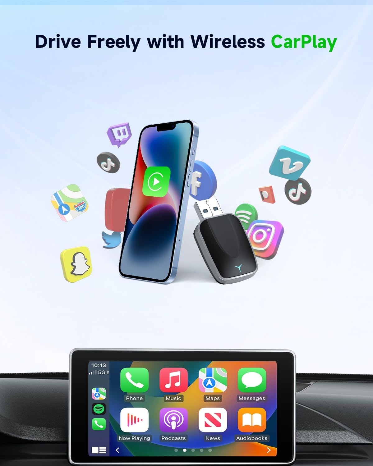 Mini Wireless CarPlay Adapter for iPhone 2025 Upgraded, Plug & Play, No Latency, USB-A/C Support, Compatible with iOS 10+ & Cars 2016+