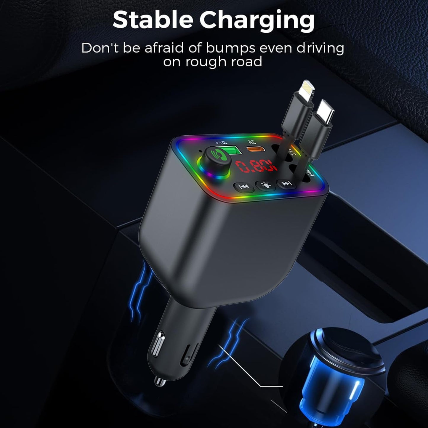 Vitog Retractable Car Charger, Wireless Bluetooth 5.3 FM Transmitter 100W USB C 4 in 1 Fast Car Charger Adapter,iPhone 16 Fast Charging-for iPhone 16 15 14 13 12 Android