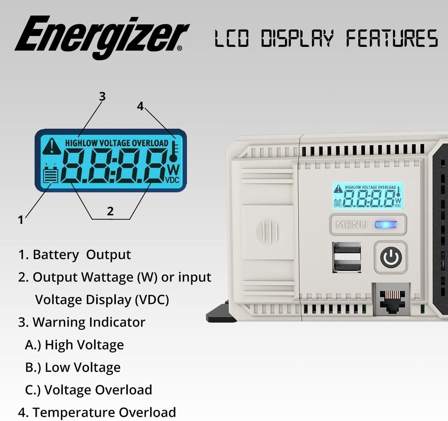 Energizer 1500 Watt 12V Pure Sine Inverter Dual AC Outlets & USB, Installation Kit Included, Automotive Power for Power Tools, Camping & Car Accessories - ETL Approved Under UL STD 458