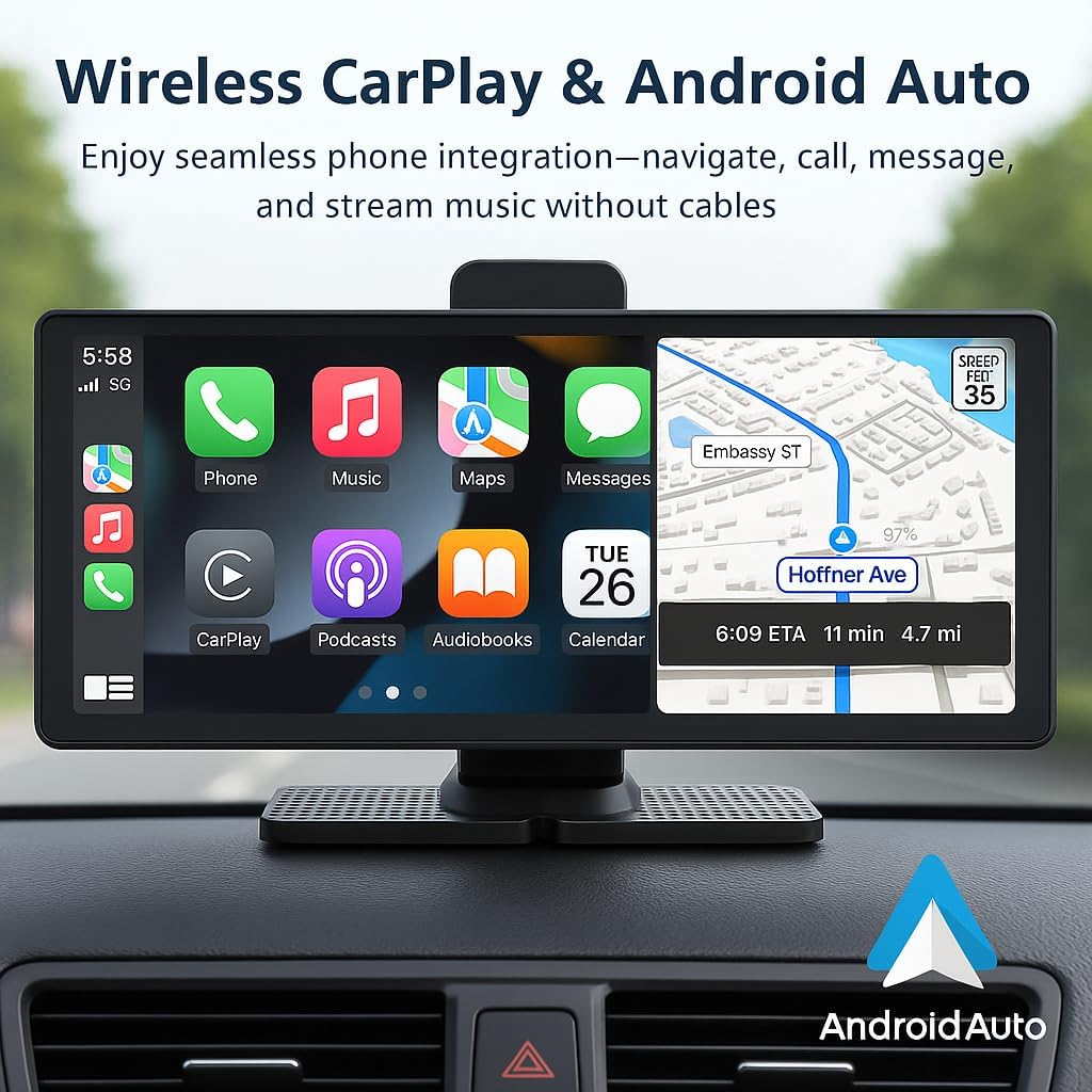 Portable Apple CarPlay & Android Auto – 10.26" Wireless Car Stereo, 4K Dash Cam, 1080P Backup Camera, Voice Control, GPS Navigation, Bluetooth, Mirror Link, Portable Touchscreen Display