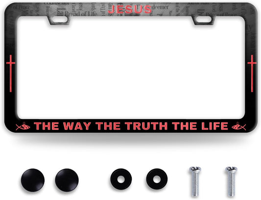 Jesus The Way The Truth The Life License Plate Frame Christian License Plate Frames Funny Stainless Steel Accessories Cars Decor with 2 Holes and Screws Fits Standard Us Ca Vehicles 12.2 X 6 Inch