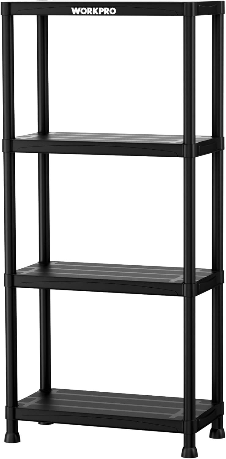 WORKPRO 4-Tier Plastic Storage Shelves, 400lb Capacity Shelving Unit, 51.4" H x 23.9" W x 12" D, Storage Rack for Garage, Home, Pantry, Office, Laundry, Tool-Free Assembly, Black