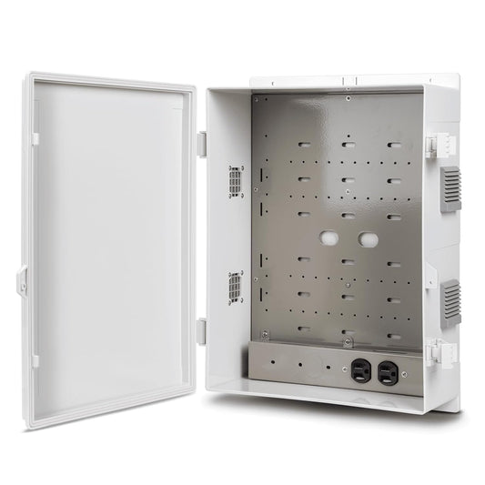 Outdoor Electrical Junction Box with High Power Outlet, ABS Water Resistant Enclosure with Internal Mounting Panel & Hinged Cover. (18.1" H* 12.6" L* 6.3" W & Outlet)