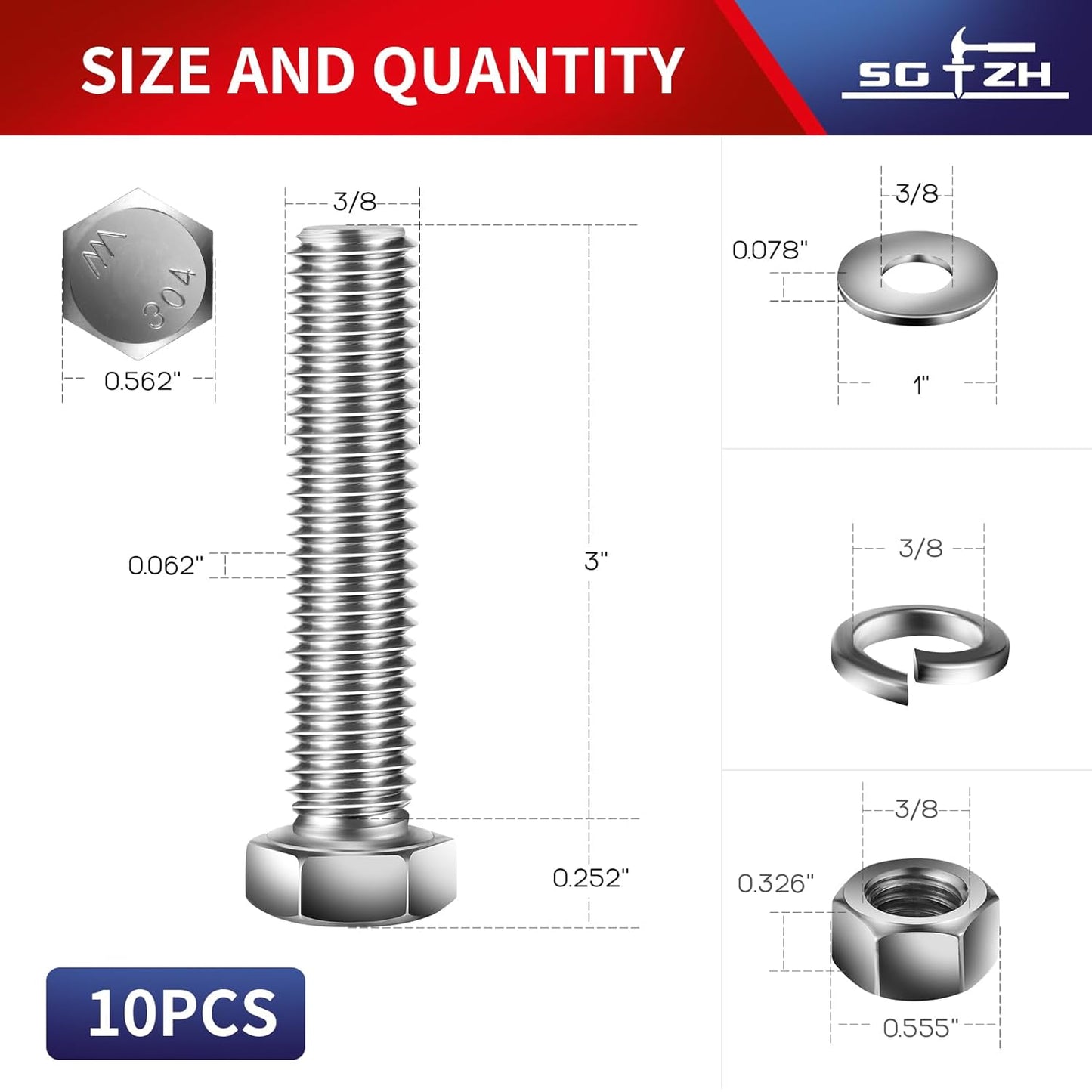 3/8-16 x 3" Hex Head Screw Bolt, Nuts, Flat & Lock Washers, 10Pcs 18-8 (304) Stainless Steel, Fully Threaded, by SG TZH