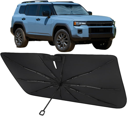 Proadsy Windshield Sun Shade Umbrella for Toyota Land Cruiser 2024-2025 2026 Foldable Car Umbrella Sunshade with Soft TPU Handle Spring Structure Crystal Cooling Material Protect Car from Rays & Heat