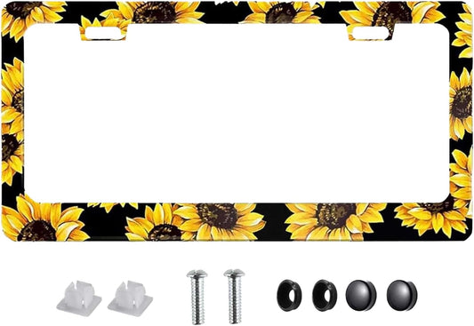 Sunflower License Plate Frame Nature Theme Sunflower License Plate Holder Auto Accessory Bracket Aluminum Floral License Tag Plate with Screws 6x12 Inch-1Pcs