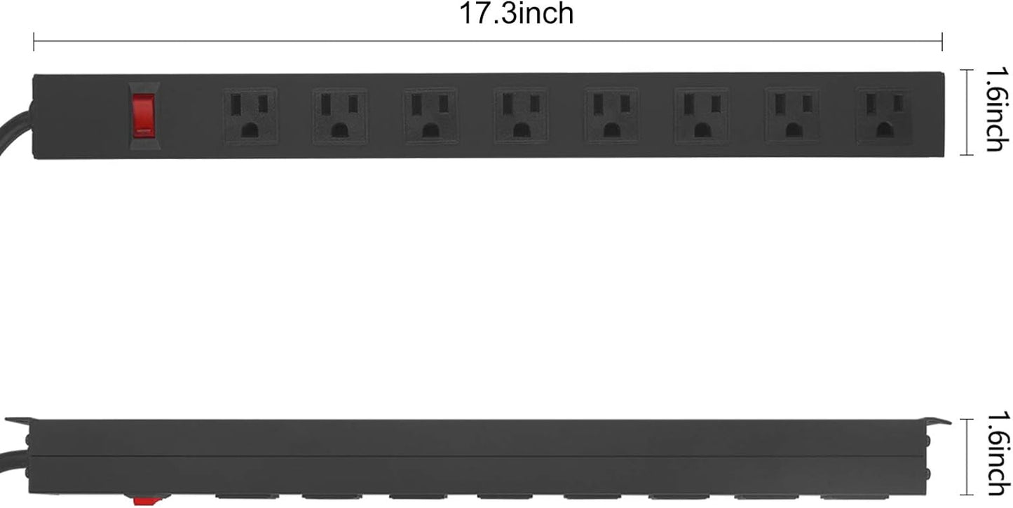 2Pack Metal 8 Outlet Mountable Power Strip, Wall Mount Outlet Heavy Duty, Wide Spaced Commercial Shop Power Strip with Switch, 10 FT SJT 14AWG Power Cord.