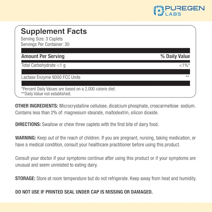 Puregen Labs Dairy Relief Natural Fast Acting Lactase Enzyme 3000 FCC, Lactose Intolerance Pills | 2 Pack - 180 Caplets Total