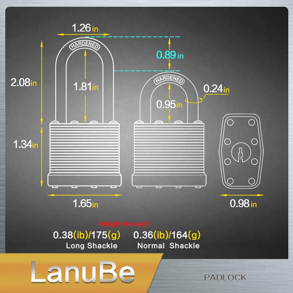 Lanube Lock 12-Pack Laminated Keyed Padlock Set 3 Colors, 2 Short 2 Long Shackles per Color,The Same Color and Shackles Combination. Open with The Same Key.6 Independent Combinations.
