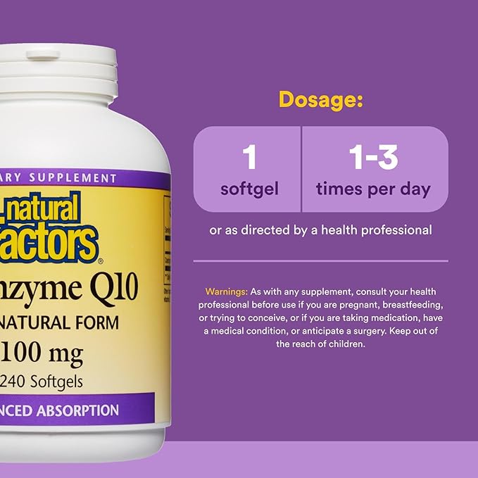 Natural Factors Coenzyme Q10 100 mg, Natural Coenzyme Q10 Supplement for Energy, Heart and Cognitive Support, 240 Softgels