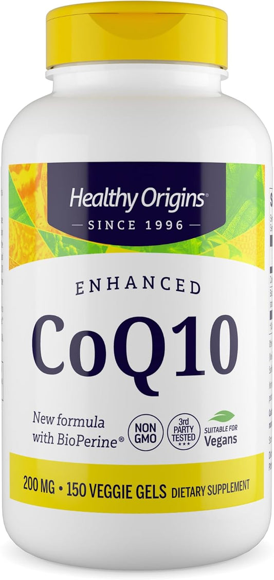 Healthy Origins Natural Enhanced CoQ10 (BioPerine®), 200 mg - Heart Health & Energy Supplement - Gluten-Free & Non-GMO Supplements, with BioPerine & Sunflower Lecithin ((Pack of 1) 150 Veggie Gels)
