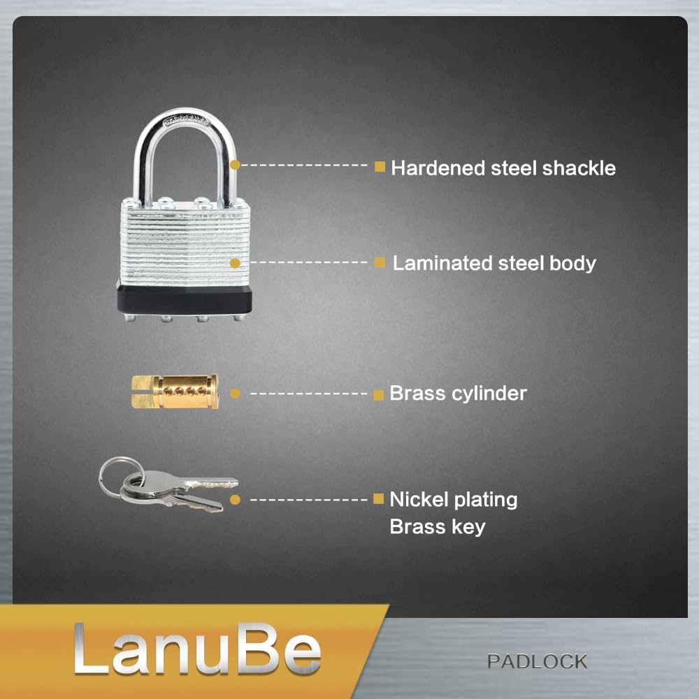 LanuBe Lock Laminated keyed Padlock (1-9/16", 40mm), keyed Alike Locks, Normal Shackle,Marked Black Plastic Hoop, Pack of 12…