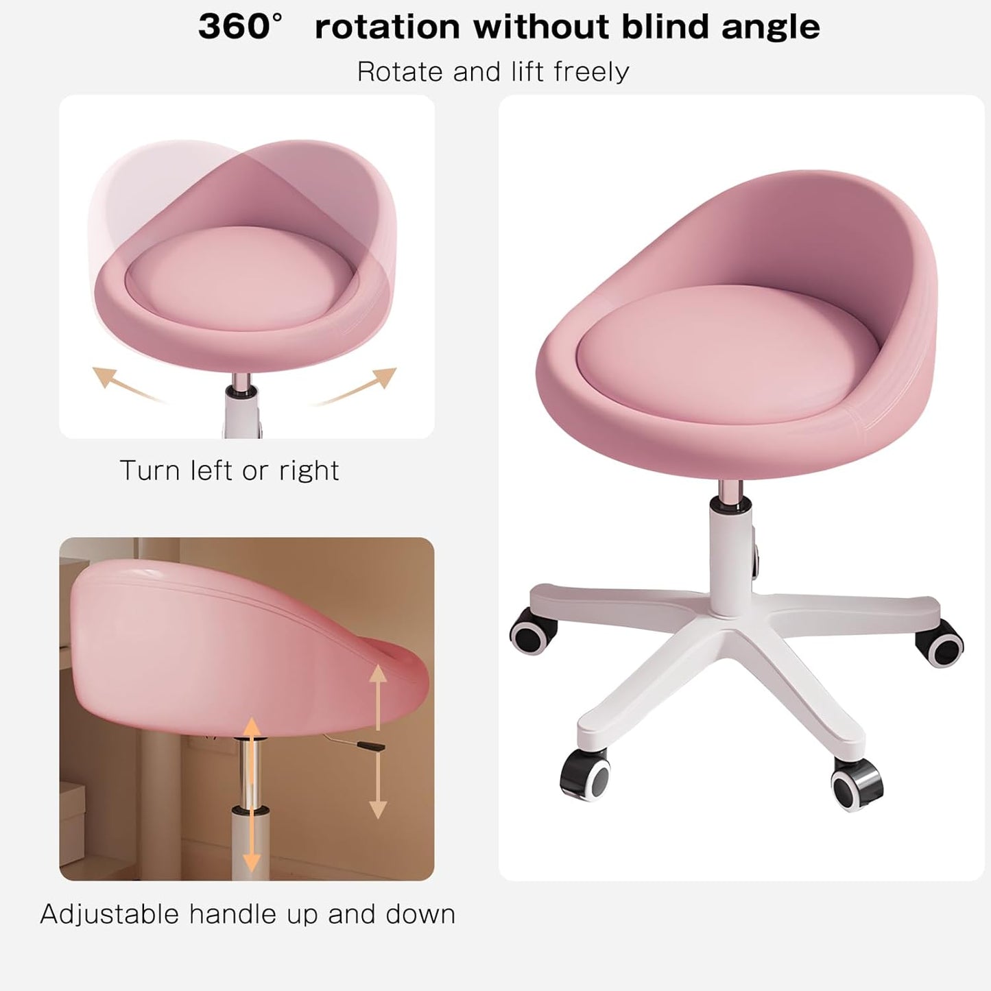 Rolling Stool Set of 2 Rolling Hydraulic Salon Stool with Low Backrest - Adjustable Swivel Chair for SPA, Shop, Salon, Massage, or Medical Office Pink
