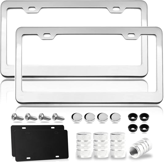 Mirror Polished Heavy Duty Stainless Steel License Plate Frame with Chrome Screw Caps, 2 Holes Rust-Proof Chrome-Like Finish Stainless Steel License Plate Frames 2 Pack
