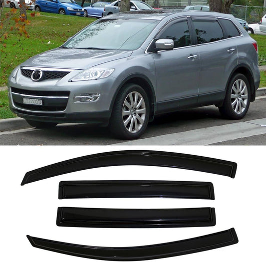 94143 Side Window Visor Wind Vent Deflector fit for 2007-2015 Mazda CX9,4pcs Dark Smoke Nice Looking Outside Mount Style Tape On Sun Rain Guards Set