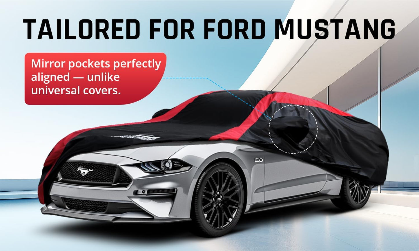 Mustang Car Cover Waterproof All Weather with Red Strip Design, Custom Fit for Ford Mustang 1994–2025, Mustang Accessory with Door Zipper & Windproof Straps