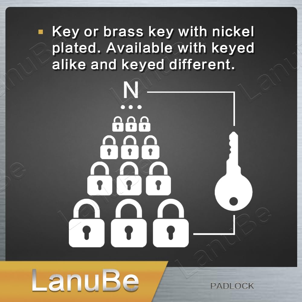 LanuBe Lock Laminated keyed Padlock (1-9/16", 40mm), keyed Alike Locks, Long Shackle,Marked Black Plastic Hoop, Pack of 120
