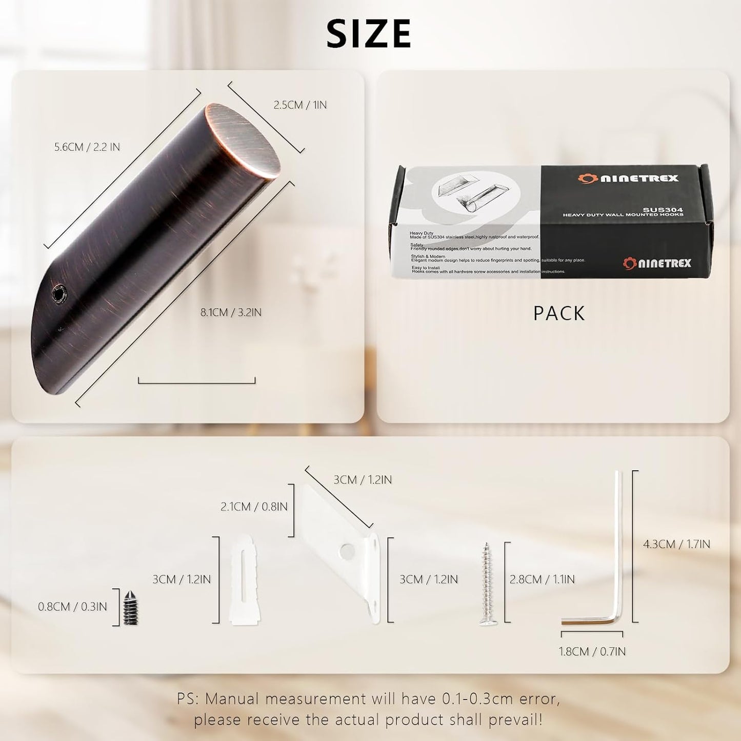 NINETREX Towel Hooks for Bathrooms,Wall Hooks SUS 304 Stainless Steel Heavy Duty Wall Mounted Robe Towel Hooks for Bathroom Bedroom Garage Coat Hanging 4 Pack (Oil Rubbed Bronze,Round)