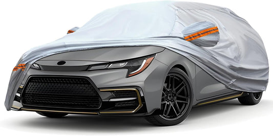 KEYOOG Car Cover, Fit for 178"-189" Length Sedan, 6-Layer All-Weather Waterproof, Universal in All Seasons, Snow Prevention, Rainproof, Acid Rainproof, Sunscreen, Orange Reflective Strip