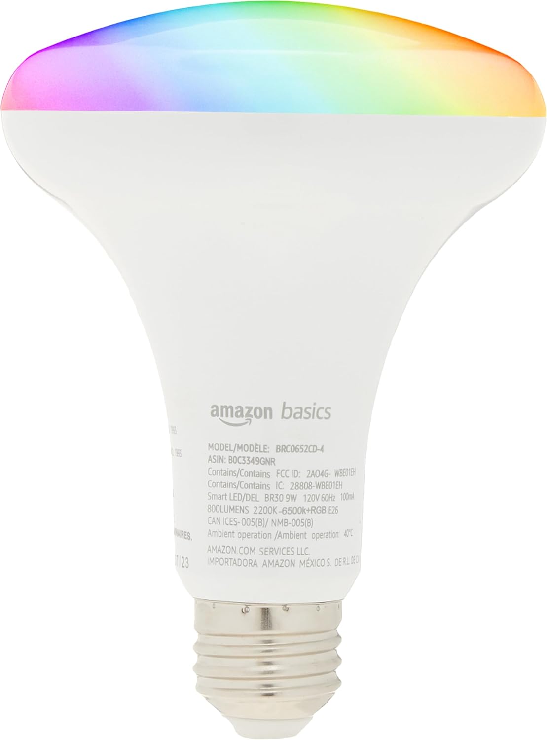 Amazon Basics Smart BR30 LED Light Bulb, Color Changing, 9W (60W Equivalent), 800LM, Works with Alexa Only, 2.4 GHz Wi-Fi, No Hub Required, 1 Pack