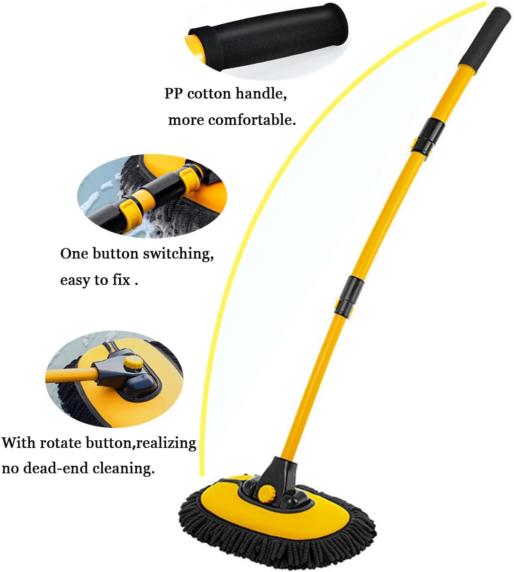 Car Wash Brush with Long Handle, Chenille Microfiber Mop Mitt with 1 Replacement Head, Wheel Brush Extension Pole Cleaning Kit & Towels for Cars & Trucks - 5PCS